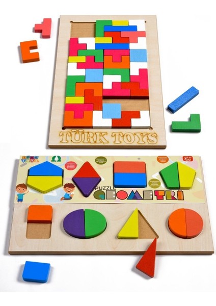Toys Ahşap Puzzle 2'si 1 Arada Set Geometri-Tetris