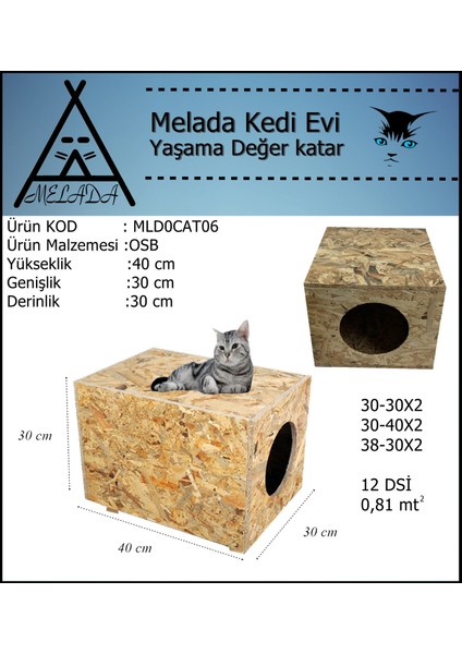 Melada Kedi Evi Dış Ortam Uygun Ahşap Kedi Evi Osb 40X30X30 cm