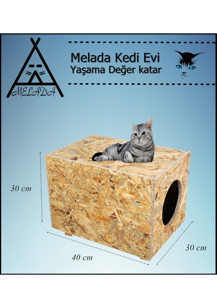 Melada Kedi Evi Dış Ortam Uygun Ahşap Kedi Evi Osb 40X30X30 cm