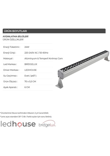 70 cm Wallwasher 24 LED Duvar Boyama LED Aydınlatma Sıva Üstü Dış Cephe (Sıvaüstü)