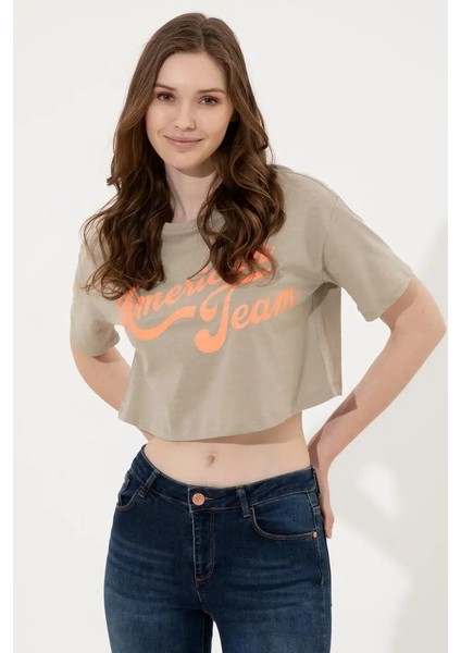 Kadın Haki Bisiklet Yaka Crop Top T-Shirt