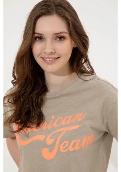 Kadın Haki Bisiklet Yaka Crop Top T-Shirt fiyatları