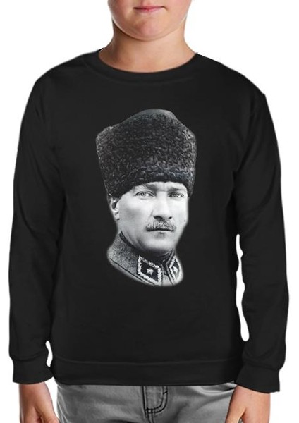 Atatürk - Portre Apolet Siyah Çocuk Sweatshirt