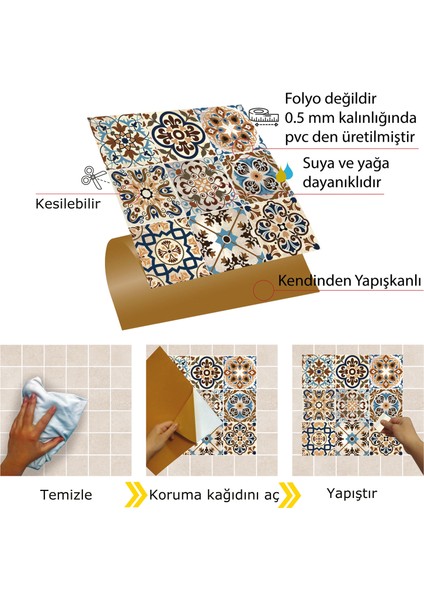 Kendinden Yapışkanlı Tezgah Arası Kaplama Fas 019 Karma Desenli Pvc Karo 30X30 cm (11 Adet) 1m2