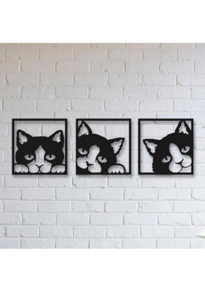 3'lü Kedi Tablo Duvar Dekorasyon Lazer Kesim Her Biri 25x24 Cm