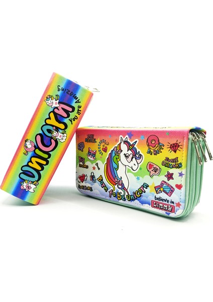 Kalem Kutusu Unicorn Yeşil Cool Tarz Kawai Organizer Üç Bölmeli Kalemlik