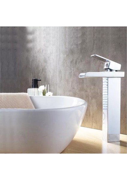 Krom Kare Çanak Lavabo Bataryası Şelale Model Uzun/yüksek Lavabo Musluğu Çift Girişli Armatür