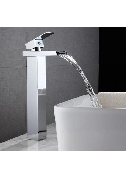 Krom Kare Çanak Lavabo Bataryası Şelale Model Uzun/yüksek Lavabo Musluğu Çift Girişli Armatür