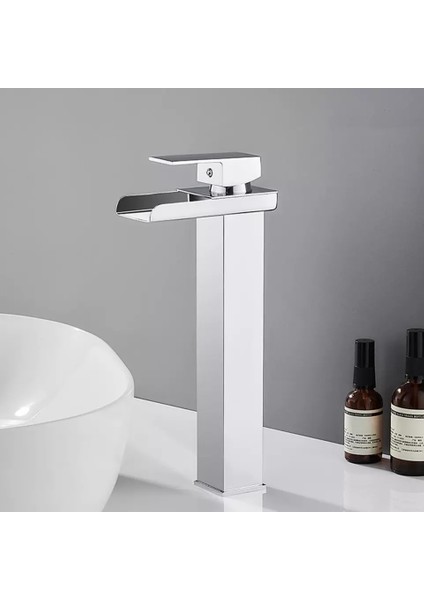 Krom Kare Çanak Lavabo Bataryası Şelale Model Uzun/yüksek Lavabo Musluğu Çift Girişli Armatür