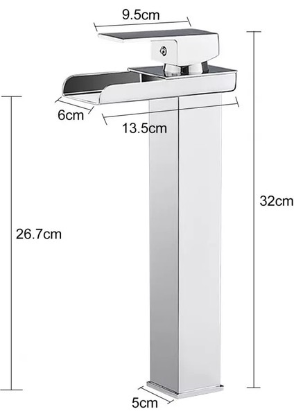 Krom Kare Çanak Lavabo Bataryası Şelale Model Uzun/yüksek Lavabo Musluğu Çift Girişli Armatür