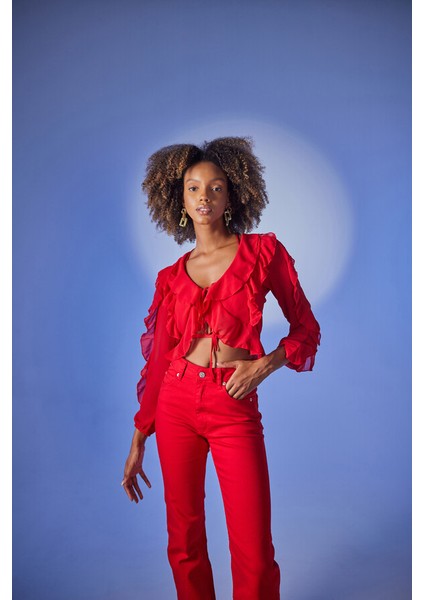 Crop Model Bağlamalı Kol Detaylı Elsa Bluz Kırmızı