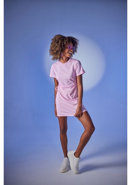Bisiklet Yaka Kısa Kol Mini Wex Tshirt Elbise Pembe modelleri