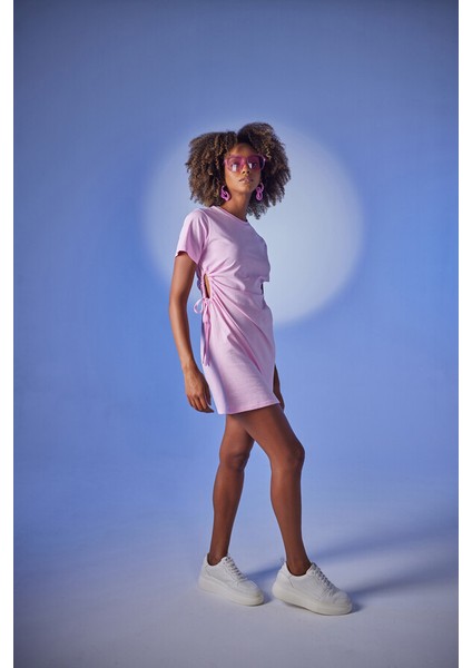 Bisiklet Yaka Kısa Kol Mini Wex Tshirt Elbise Pembe indirimleri