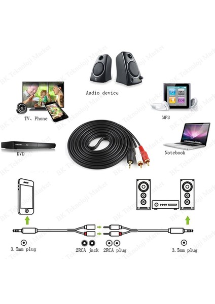 BK Teknoloji 3.5 mm Erkek To 2rca Erkek Altın Kaplama Ses Kablosu - 3 Metre