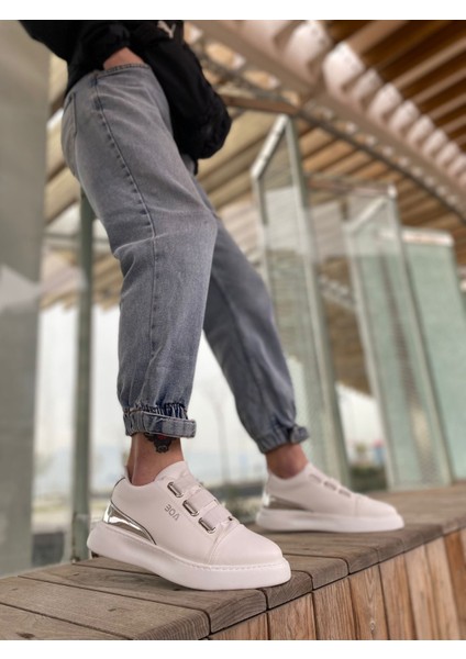 BA0329 3 Bant Beyaz Gümüş Detaylı Kalın Taban Casual Erkek Ayakkabı fiyatları