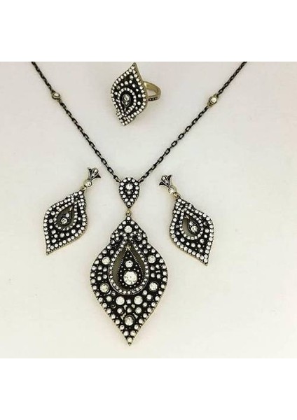 Aşina Gümüş - Elmas Montur Damla Kolye Küpe Yüzük Set Swarovski Taşlı Sevgiliye Hediye