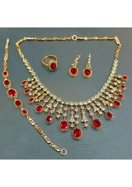 - Yakut Swarovski Taşlı Elmas Montür Gerdanlık Küpe Yüzük Bileklik Set Sevgiliye Hediye