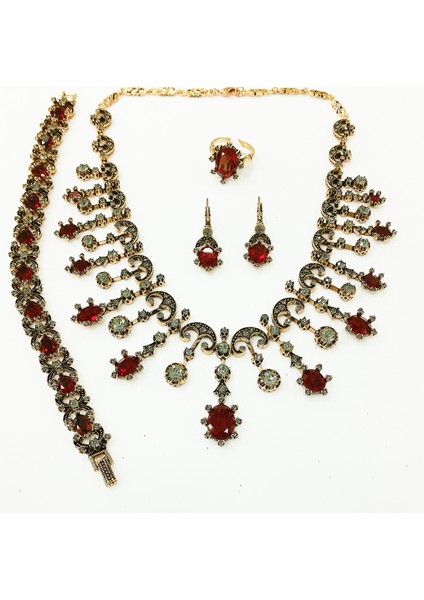 - Yakut Swarovski Taşlı Elmas Montür Gerdanlık Küpe Yüzük Bileklik Set Sevgiliye Hediye