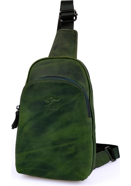 Kangaroo Kıngdom Hakiki Deri Crazy Horse Yeşil Unisex Body Bag Sırt Çantası 8155-ZY