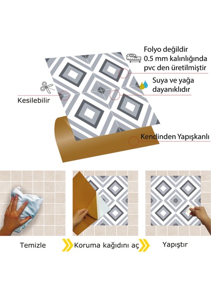 Kendinden Yapışkanlı Mutfak Kaplama Geometrik 031 Desenli Pvc Karo 30x30 cm 11 Adet 1m2