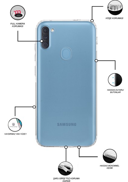 Samsung Galaxy M11 Kapak Kamera Korumalı Tıpalı Şeffaf Silikon Kılıf