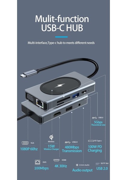 Ww-9 Macbook Uyumlu Type-C To USB 3.0 4K HDMI Ethernet RJ45 VGA Sd Tf Kart Pd Aux 9 Port Çevirici Hub Adaptör