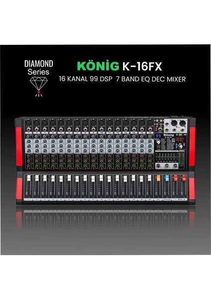 K-16 Fx 16 Kanal 99 Dsp Effect 7 Band Equalizer Diamond Serisi Dec Mixer