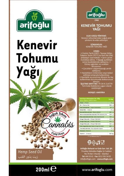 Kenevir Tohumu Yağı 200 ml