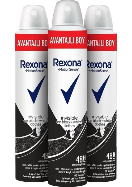 Kadın Deodorant Sprey Invisible Black + White 200 ml 3 Adet Uzun Süreli Koruma