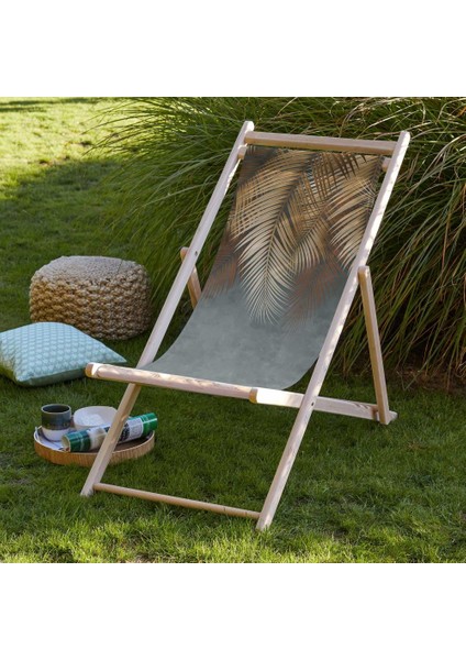 Yeşil Palmiye Yaprak Detaylı Şezlong Fırınlanmış Gürgen Ağacı Süet Kumaş