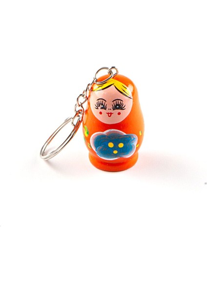 Ahşap Tombul Matruşka Bebek Anahtarlık Turuncu