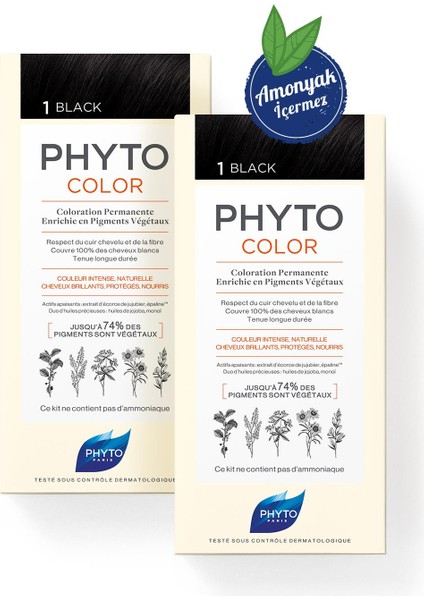 Phytocolor 1 Siyah Amonyaksız Kalıcı Bitkisel Saç Boyası Ikili Set