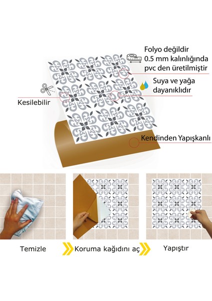 Kendinden Yapışkanlı Mutfak Banyo Kaplama Geometrik 043 Desenli Pvc Karo 30x30 cm 11 Adet 1m2