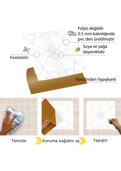 Kendinden Yapışkanlı Kesilebilir Mermer 010 Desenli Pvc Karo 30x30 cm 11 Adet 1m2
