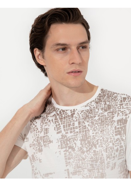 Erkek Ecru Slim Fit Baskılı Bisiklet Yaka Tişört 50254026-VR019
