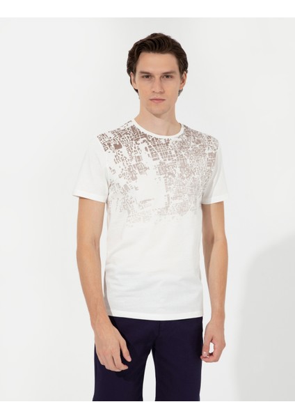Erkek Ecru Slim Fit Baskılı Bisiklet Yaka Tişört 50254026-VR019
