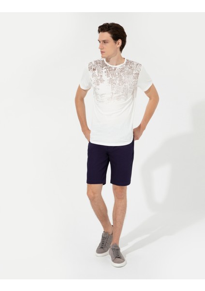 Erkek Ecru Slim Fit Baskılı Bisiklet Yaka Tişört 50254026-VR019
