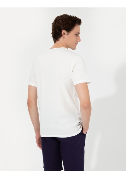 Erkek Ecru Slim Fit Baskılı Bisiklet Yaka Tişört 50254026-VR019