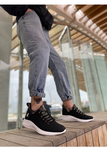 BA0601 Bağcıklı Rahat Yüksek Taban Siyah Kamuflaj Casual Erkek Spor Ayakkabı