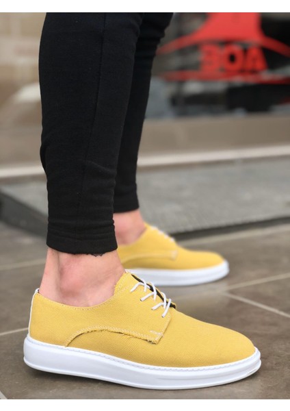 BA0003 Bağcıklı Klasik Spor Keten Sarı Beyaz Yüksek Taban Casual Erkek Ayakkabı