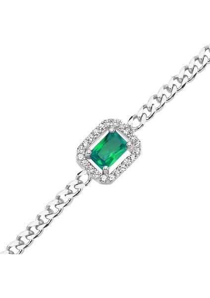 Gümüş Yeşil Bagetli Zincir Bileklik