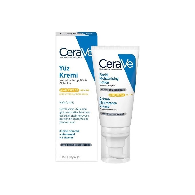 CeraVe Kuru Ciltler İçin SPF50 Nemlendirici Yüz Kremi 52 ml Etkili Nemlendirme ve Koruma