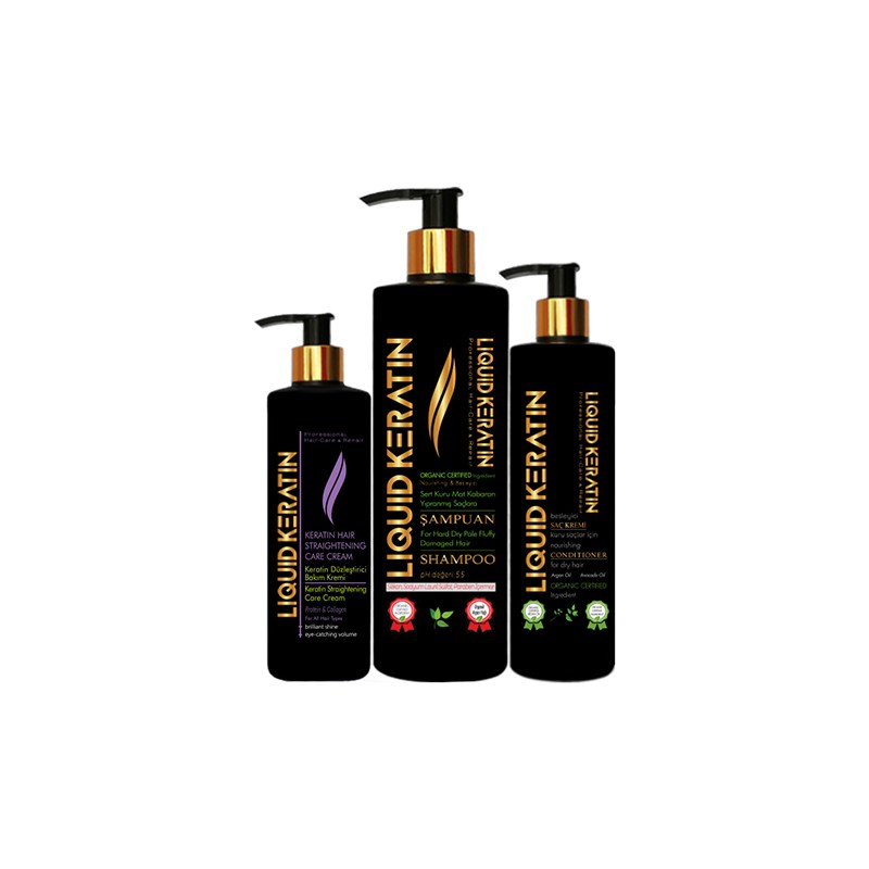 Liquid Keratin Saç Düzleştirici 3'lü Keratin Bakım Seti - Kabaran Kuru Sert Saçlar İçin (Şampuan+Krem+Keratin)