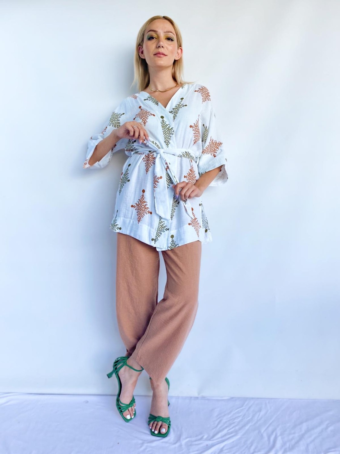 Key Moda Kadın Tarçın Rengi Keten Kimono Pantolon Takım