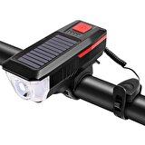 Sarfex Güneş Enerjili USB Şarjlı Bisiklet Lambası Solar Fener Ön Far Işık Aydınlatma Kornalı