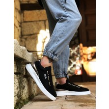 BA0329 3 Bant Siyah Gümüş Detaylı Kalın Taban Casual Erkek Ayakkabı