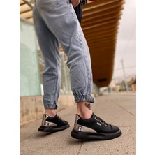 BA0329 3 Bant Siyah Tabanlı Gümüş Detaylı Kalın Taban Casual Erkek Ayakkabı