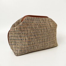 Heybes Kadın Kahve Biyeli Çizgili Jüt Hasır Clutch El Çantası