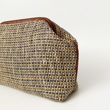 Heybes Kadın Kahve Biyeli Çizgili Jüt Hasır Clutch El Çantası