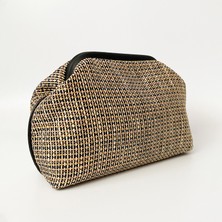 Heybes Kadın Siyah Biyeli Çizgili Jüt Hasır Clutch El Çantası